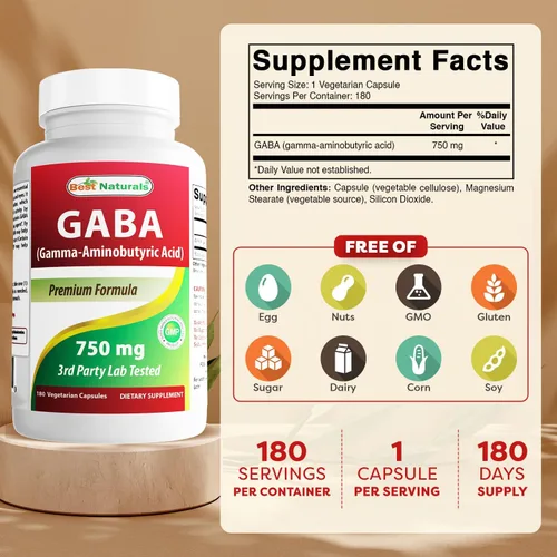 Vista 2 de Best Naturals GABA Suplemento 750mg 180 cápsulas vegetales, ayuda natural para dormir