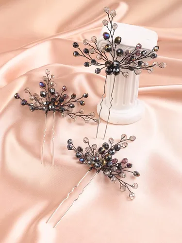 Vista 5 de Kercisbeauty Juego de horquillas de cristal negro para boda para mujeres y niñas, juego de piezas de pelo de fiesta temática hechas a mano