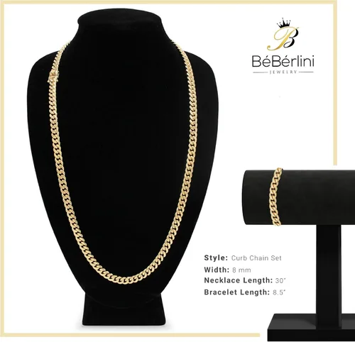 Vista 6 de BEBERLINI Cuban Link Chain 14K Gold Plated Curb Customizable Necklace 30 Bracelet 85 9 Stainless Steel Fashion Jewelry Set For Men 6 mm - 14 mm