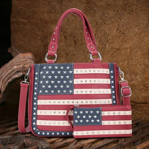 Vista 3 de Montana West Bolso patriótico con tachuelas para mujer, bolso de mano con bandera estadounidense y bolso cruzado