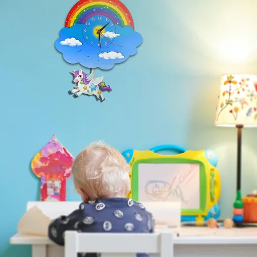 Vista 5 de Reloj de pared con péndulo de unicornio y arco iris, vista tridimensional, reloj oscilante analógico para niños, madera MDF 3D, para dormitorio