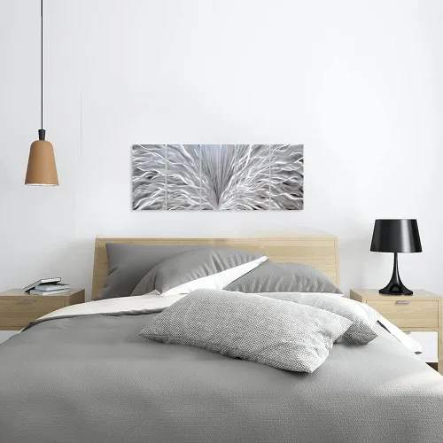 Vista 5 de SYGALLERIER Arte de pared de metal plateado hecho a mano, enorme obra de arte abstracta 3D de aluminio, escultura moderna, imágenes metálicas
