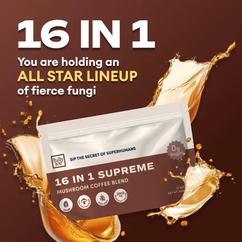 Vista 4 de Café instantáneo Fully Joe Mushroom con 16 hongos superalimentarios, incluye melena de león, reishi, chaga, cordyceps mezclado con café gourmet