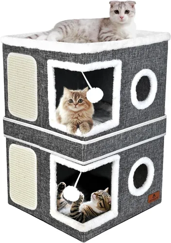 Vista 8 de Casa de Gato de 2 Pisos para Gatos de Interior, Cama de Cueva de Gato de Dos Propósitos con Almohadilla para Arañar y Bola Esponjosa, Escondite