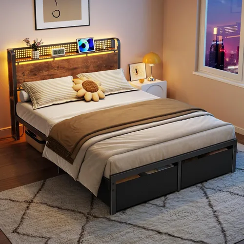 Vista 6 de Furnulem Base de cama de tamaño matrimonial con almacenamiento de cabecero, base de cama de plataforma tamaño matrimonial con 2 cajones, estación
