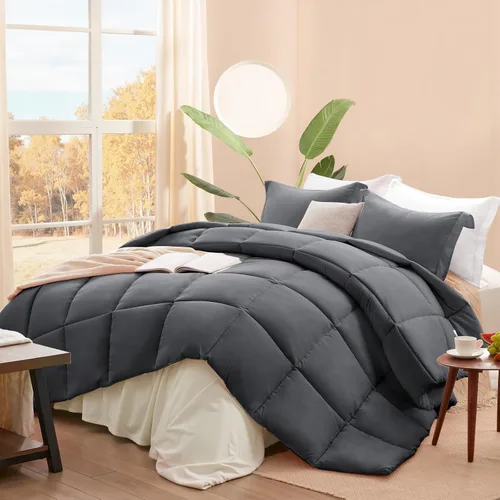 Vista 10 de SunStyle Home Juego de colcha tamaño King azul marino, 3 piezas de edredón ligero tamaño King con costuras en caja sólida, juego de ropa de cama