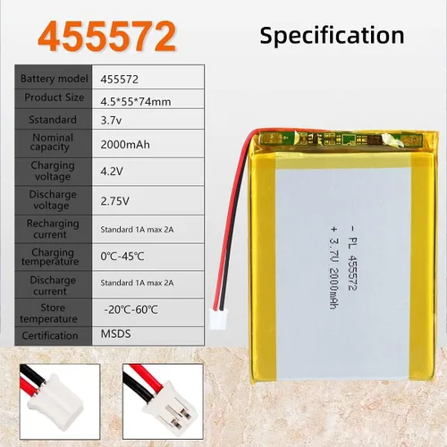 Vista 3 de 10X 3.7V 2000mAh 455572 Lipo batería recargable de polímero de litio batería de iones con conector JST