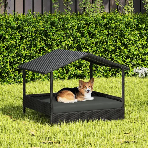 Vista 2 de Yaheetech - Casa de mimbre para perros con toldo, color negro y gris Cama elevada para perros con cojín para perros pequeños/medianos, sombra