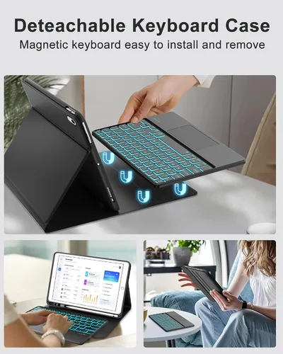 Vista 3 de Funda con teclado táctil para iPad de 9ª/8ª/7ª generación de 10.2 pulgadas, Pro 10.5, Air 3ª generación, funda inteligente con soporte para lápices