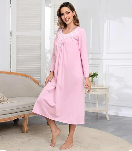 Vista 4 de Camisones largos de algodón para mujer, 100% algodón, vestido de noche de manga larga para mujer, ropa de dormir vintage A rosa