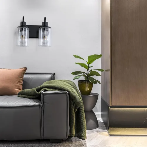 Vista 6 de Lámpara de baño negra mate sobre espejo, lámpara de tocador de baño de 2 luces con pantalla de vidrio transparente, apliques de pared modernos