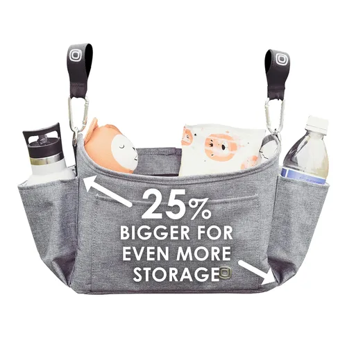 Vista 4 de Organizador universal para cochecito Diono Buggy Buddy XL con portavasos, sujeción segura, bolsillos con cremallera, seguro y protegido, gris