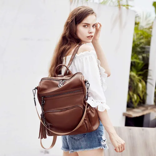 Vista 2 de CLUCI - Morral para mujer, diseño de cuero, para viajes, bolso grande de hombro con borla