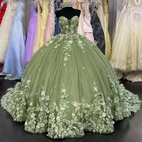Vista 3 de XYAYE Vestidos de quinceañera de novia para mujer, vestidos de baile de flores en 3D, vestido de fiesta de encaje, sin tirantes, de tul dulce 15 16