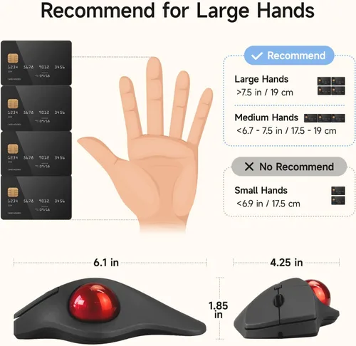Vista 7 de SANWA Ratón ergonómico inalámbrico 2.4G, ratón óptico Rollerball, botones silenciosos programables, Trackball de 1.575 pulgadas, 600/800/1200/1600