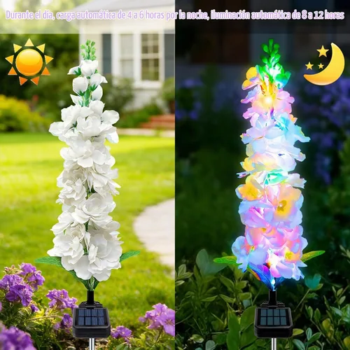 Vista 3 de MRHEPHAESTUS Luces solares de jardín, flores de delfinio 2 unidades 40 LEDs, luces impermeables para exteriores, dos modos de iluminación para Blanco