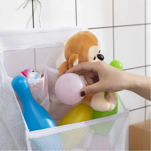 Vista 4 de ALYER Bolsa organizadora de juguetes de baño de malla colgante, organizador grande de almacenamiento para ducha con colgador duradero (negro)