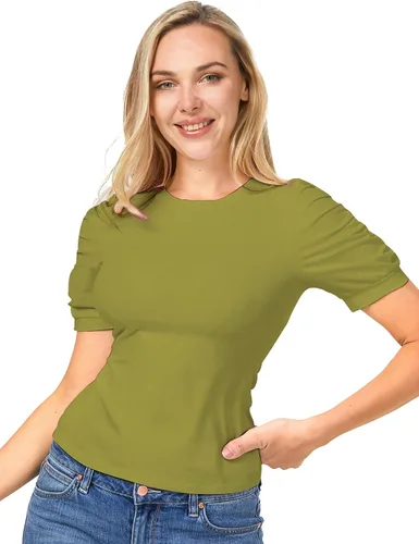 Vista 3 de SDEER - Camiseta básica de manga abombada para mujer, cuello redondo, manga corta, ajustada, blusas
