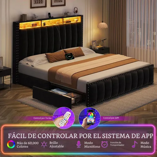 Vista 5 de YITAHOME Queen Size Bed Frame with 4 Storage Drawers and RGB LED Lights Negro