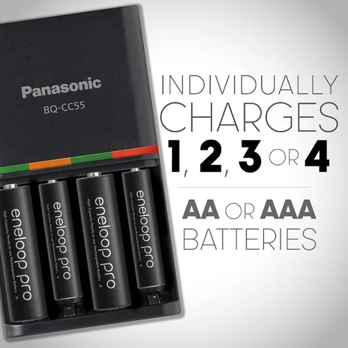 Vista 2 de Panasonic BQ-CC55KSBHA Advanced Eneloop pro - Batería recargable de 4 horas, cargador rápido con 4 luces LED indicadoras de carga, color negro