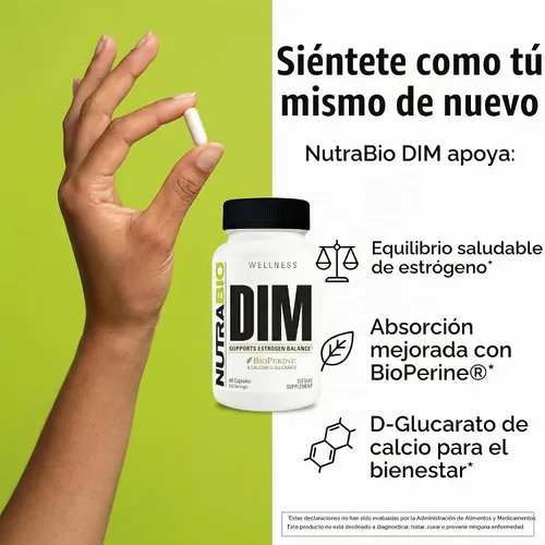 Vista 3 de NutraBio Suplemento DIM, apoya el equilibrio de estrógenos, 100 mg - 60 cápsulas vegetales