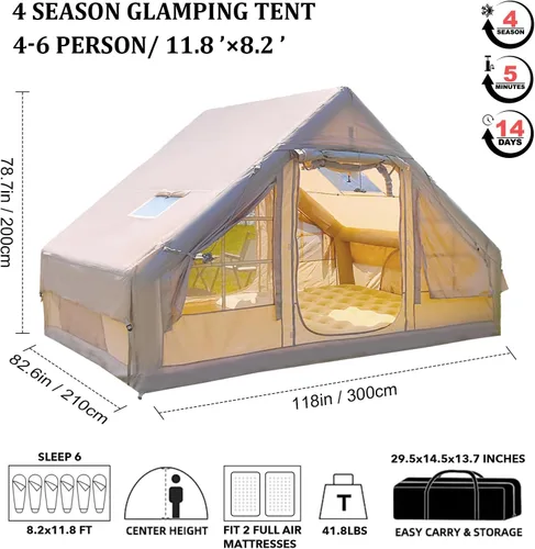 Vista 7 de Tiendas de campaña inflables para 4/6/8/10 personas, tienda de campaña inflable grande con gato de estufa, tienda inflable para 4 estaciones