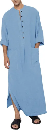 Vista 4 de Jacansi Bata de algodón con botones para hombre, manga larga, caftán, thobe, camisa casual para playa 01-Blanco