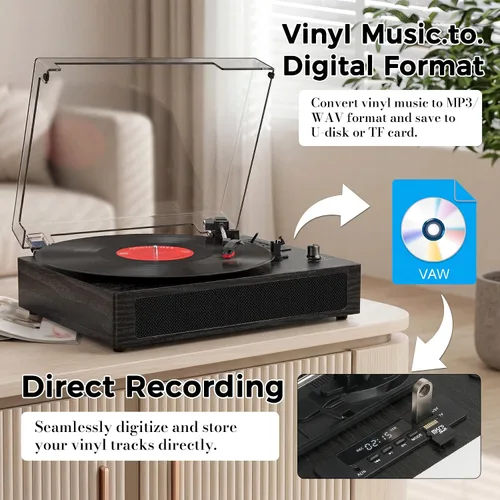 Vista 3 de Reproductor de discos de vinilo con Bluetooth, tocadiscos de 3 velocidades por correa con altavoces integrados, fácil configuración