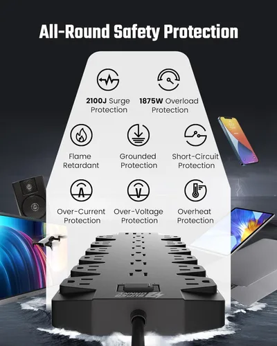 Vista 8 de SUPERDANNY Lámpara LED de escritorio con 18 tomas de corriente, protector de sobretensiones con puertos USB, cable de extensión resistente