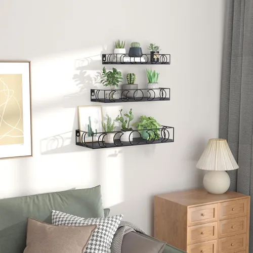 Vista 2 de PHAREGE Estantes Flotantes de Fases Lunares Negros, Juego de 3 Pequeños Estantes Decorativos de Pared para Almacenamiento de Libros y Plantas