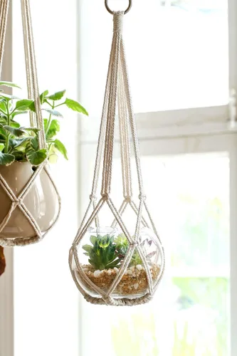 Vista 5 de Dahey Juego de 3 colgadores de macramé para plantas con ganchos, cesta colgante de interior de 35/29/23 pulgadas hecha a mano con cuerda de algodón