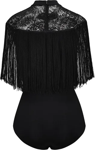 Vista 5 de Maillot de rendimiento con flecos para mujer, Sofia - Leotardo negro con flecos y canesú de encaje elástico