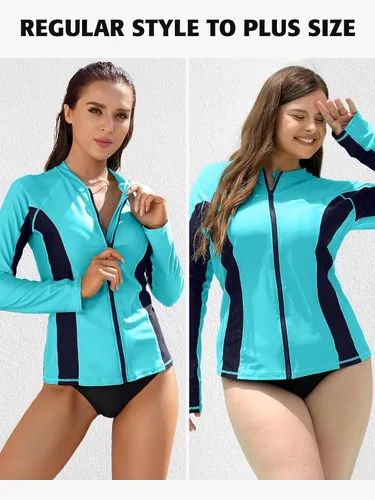 Vista 5 de ATTRACO Rashguard o Camiseta de surf para mujer con cremallera frontal, protección solar UPF 50+