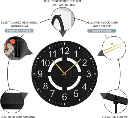 Vista 4 de Reloj de pared de metal, arte de pared silencioso, funciona con pilas, números grandes, escultura de pared, colgantes, decoración del hogar