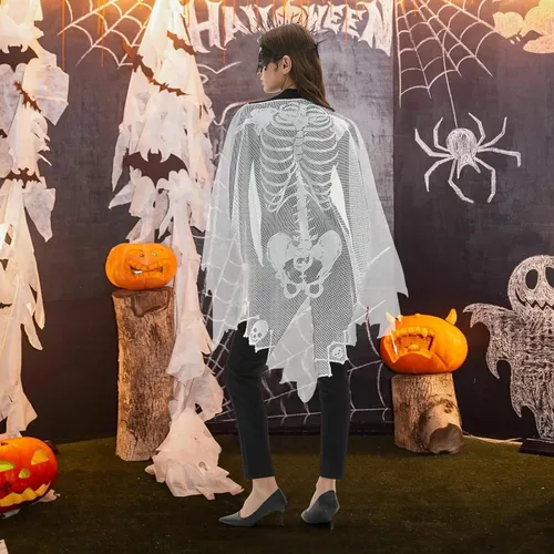 Vista 4 de Kinhowly Disfraz de Halloween para mujer, poncho de capa de esqueleto de Halloween para mujer, incluye máscara de Halloween