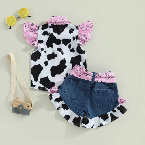Vista 4 de Emmababy Trajes de mezclilla occidentales para niñas pequeñas, con volantes, sin mangas, con estampado de vaca, con botones, con cinturón
