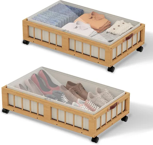 Vista 9 de efluky Paquete de 2 contenedores de almacenamiento de bambú debajo de la cama con ruedas, cesta de almacenamiento de ropa debajo de la cama
