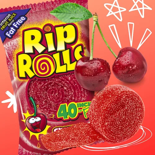 Vista 3 de Needzo Rip Rolls - Rollos de caramelo agrio, sabor a fruta de cereza, caramelos de cinturón de regaliz sin grasa, bocadillos para compartir