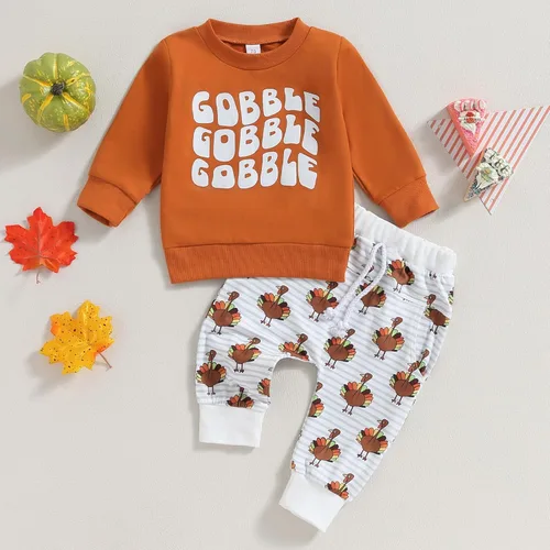 Vista 8 de Conjunto de 2 piezas de ropa de Acción de Gracias para bebé, sudadera con cuello redondo y estampado de letras, pantalones de pavo, 2