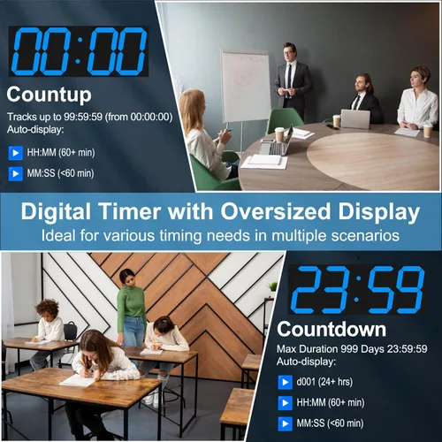 Vista 6 de CHKOSDA 18.7 Inch Large Digital Wall Clock with GPS Auto-Sync Time - Blue 164ft Visibility, No Wi-Fi, 8-Level Dimming, Timer, Remote