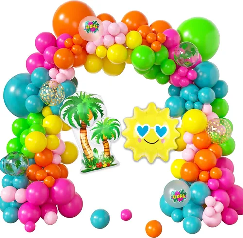 Vista 12 de Amandir Kit de guirnalda de arco de globos tropicales de 165 piezas, azul aguamarina, coral, rojo, rubor, verde pastel, globos de coco, hojas