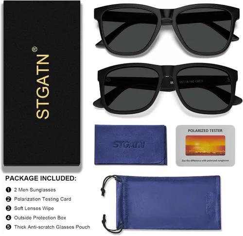 Vista 7 de STGATN Lentes de sol polarizados cuadrados para hombre, 2 paquetes en 2 estilos, marcos TR90 mate, protección UV400, antideslizantes