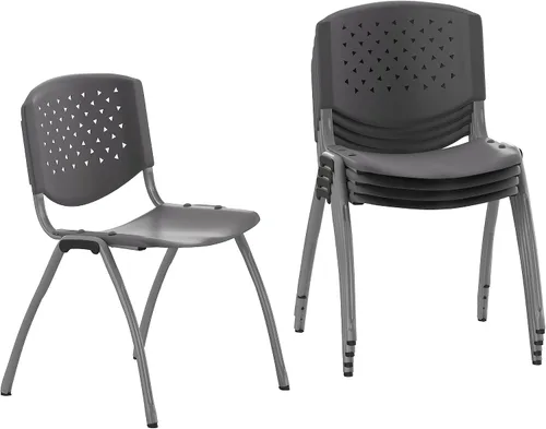 Vista 15 de Flash Furniture - Silla apilable de plástico negro de la serie HERCULES con capacidad de 880 lb. y marco recubierto en polvo de color gris titanio