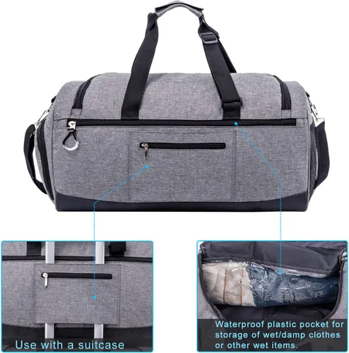 Vista 5 de Kuston Bolsa de gimnasio deportiva con compartimento para zapatos y bolsillo húmedo, bolsa de lona para gimnasio para hombres y mujeres, Gris