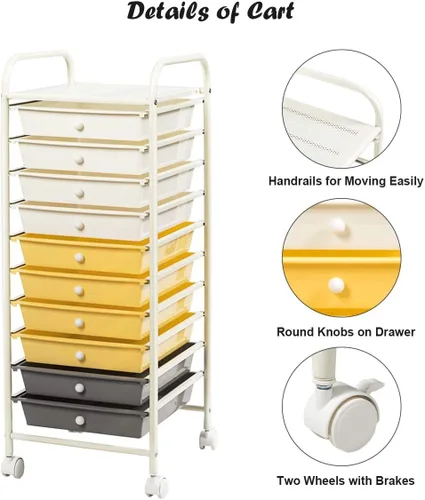 Vista 7 de Giantex - Carro de almacenamiento con ruedas, 10 cajones, organizador para papelería, oficina o escuela (Beige+Amarillo+Gris)