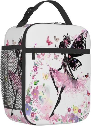 Vista 2 de Bolsa de almuerzo para niños con diseño de mariposas y flores con aislamiento térmico para niños y niñas, para el regreso a la escuela