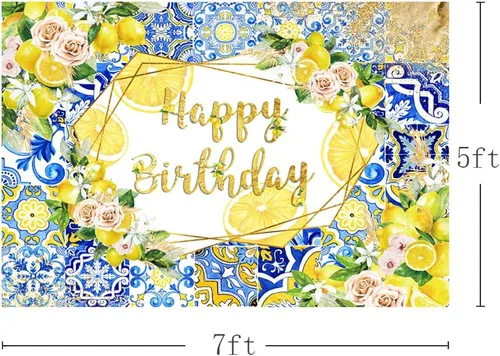 Vista 3 de MEHOFOND Telón de fondo de limón con diseño de feliz cumpleaños, azulejos azules, fondo mediterráneo de Marruecos, decoración de fiesta