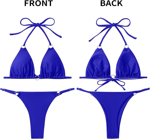 Vista 6 de Bikini sexy para mujer, 2 piezas, con tirantes delgados, color sólido, traje de baño triangular