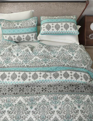 Vista 3 de Chezmoi Collection Herald - Juego de edredón estampado de 2 piezas, color azul aguamarina, negro, blanco, bohemio, damasco, colcha ligera