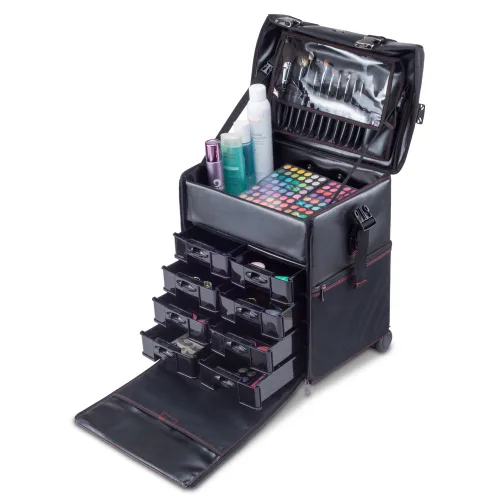 Vista 6 de Maquillador profesional 2 en 1 Rolling Maquillaje Tren Estuche Organizador Cosmético Carro Suave con Cajones de Almacenamiento y Hebillas de Metal